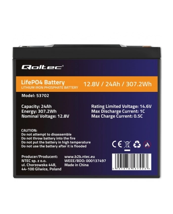 qoltec Akumulator LiFePO4 Litowo-Żelazowo-Fosforanowy | 12.8V | 24Ah |  307.2Wh | BMS nr 2