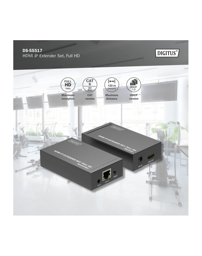 digitus Przedłużacz/Extender HDMI 1080p 60Hz 120m po skrętce Cat.6/6A/7/8 HDCP 1.3 IR, zestaw główny