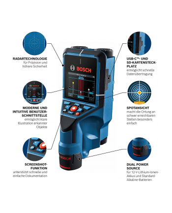 bosch powertools Bosch Wallscanner D-tect 200 C Professional, 12V, locating device (blue/Kolor: CZARNY, Li-ion battery 2.0 Ah, in L-BOXX 136)