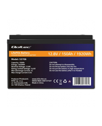 qoltec Akumulator LiFePO4 Litowo-Żelazowo-Fosforanowy | 12.8V | 150Ah | 1920Wh | BMS