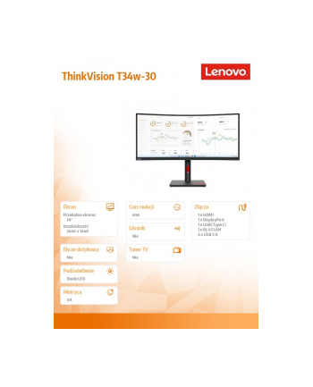 lenovo Monitor 34 cale ThinkVision T34w-30 WLED LCD 63D4GAT1(wersja europejska)
