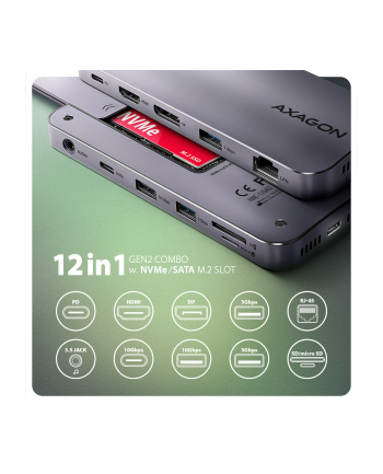 axagon HMC-12GM2 hub USB 12 in1 10Gbps, 3x USB-A, USB-C, HDMI, DP,  RJ-45, M.2, SD/mSD, audio, PD