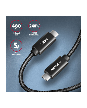 axagon BUCM2-CM30AB Kabel USB-C - USB-C, 3.0m 5A charging, ALU, 240W PD, oplot, USB2.0