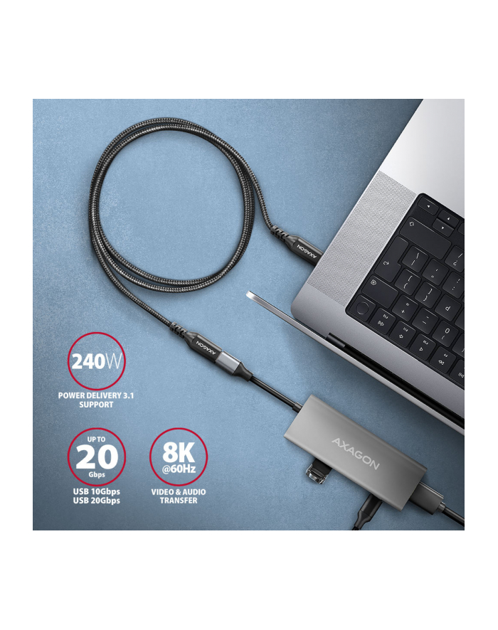 axagon BUCM32-CF05AB Kabel przedłużacz Gen2 USB-C - USB-C 0.5m, 5A, 20Gbps, PD 240W, oplot główny