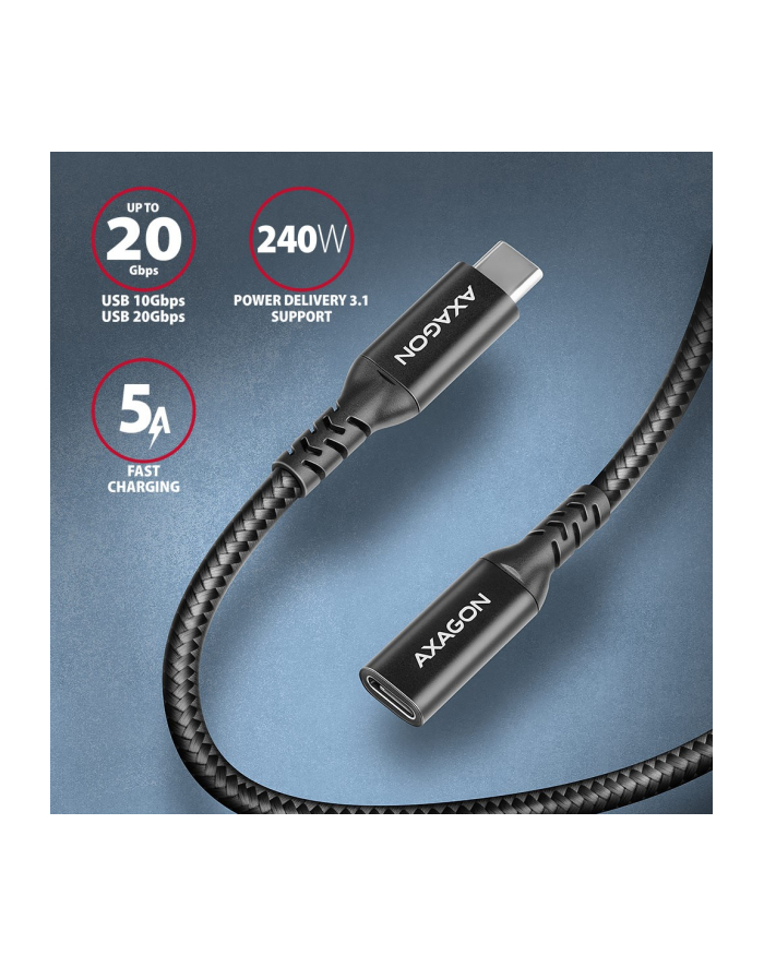 axagon BUCM32-CF05AB Kabel przedłużacz Gen2 USB-C - USB-C 0.5m, 5A, 20Gbps, PD 240W, oplot główny