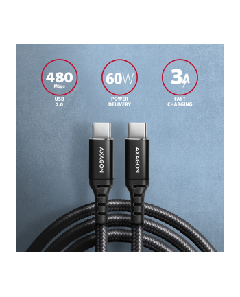 axagon BUCM-CM15AB Kabel USB-C - USB-C 2.0, 1.5m, PD 60W, 3A, ALU, oplot Czarny