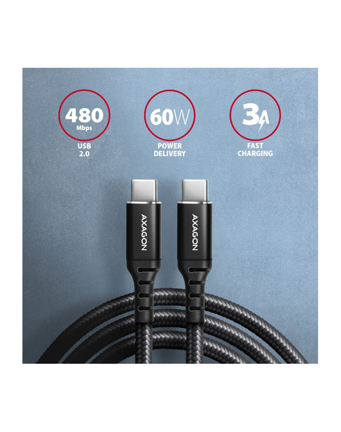 axagon BUCM-CM15AB Kabel USB-C - USB-C 2.0, 1.5m, PD 60W, 3A, ALU, oplot Czarny główny