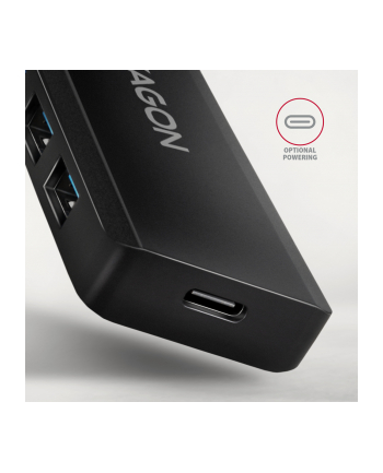 axagon HUE-C1A 4-portowy hub USB 5Gbps Travel, USB-C power IN, kabel Type-A 19cm, USB-C dodatkowe zasilanie