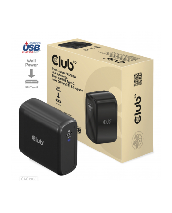 Club3D Cac 1908Eu Ładowarka Podróżna 100 W Technologia Gan Certyfikat Usb If Tid Pojedyncze Złącze Usb Typu C Power Delivery (Pd) Obsługa 3.0