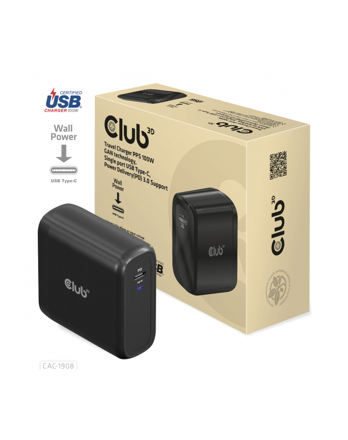 Club3D Cac 1908Eu Ładowarka Podróżna 100 W Technologia Gan Certyfikat Usb If Tid Pojedyncze Złącze Usb Typu C Power Delivery (Pd) Obsługa 3.0 główny