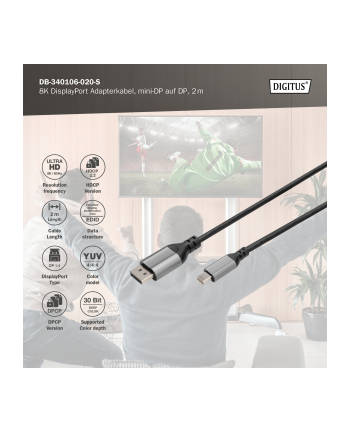 Kabel adapter DIGITUS PREMIUM miniDisplayPort - DisplayPort 8K 60Hz miniDP/DP M/M 2m