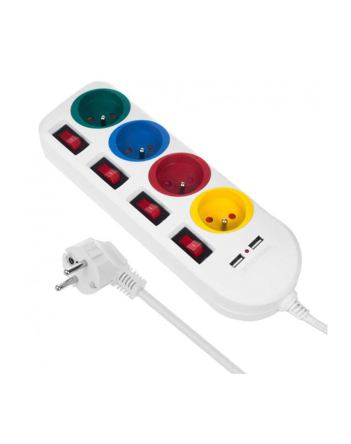 Listwa zasilająca Maclean, przedłużacz 4 gniazda + 2xUSB, z włącznikami, 250VAC/10A, 2.1A 5V, 1.5m, biała, MCE229 W główny