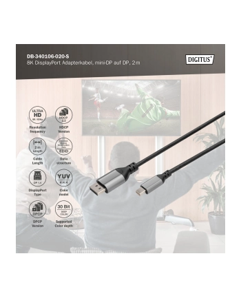Kabel adapter DIGITUS PREMIUM miniDisplayPort - DisplayPort 8K 60Hz miniDP/DP M/M 2m