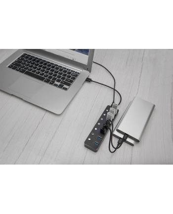Hub USB 3.0/Koncentrator DIGITUS 7-portowy USB A + adapter USB-C 5Gbps z wyłącznikami aluminiowy aktywny