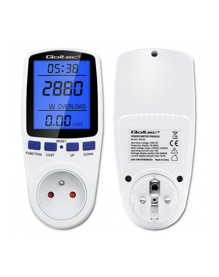 qoltec Watomierz licznik zużycia energii PM0626 | 3680W | 16A | LCD główny