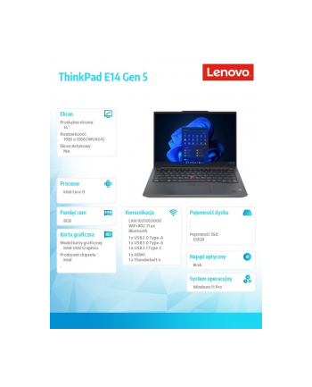 lenovo Laptop ThinkPad E14 G5 21JK0083PB W11Pro i3-1315U/8GB/512GB/INT/14.0 WUXGA/Graphite Black/1YR Premier Support + 3YRS OS