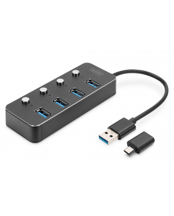 digitus Hub USB 3.0/Koncentrator 4-portowy USB A + adapter USB-C 5Gbps z wyłącznikami, aluminiowy, pasywny