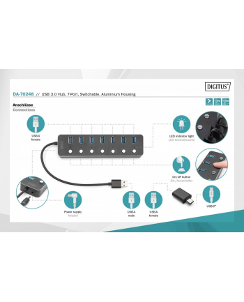 digitus Hub USB 3.0/Koncentrator 7-portowy USB A + adapter USB-C 5Gbps z wyłącznikami, aluminiowy, aktywny