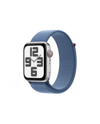 apple Watch SE GPS + Cellular, 44mm Koperta z aluminium w kolorze srebrnym z opaską sportową w kolorze zimowego błękitu