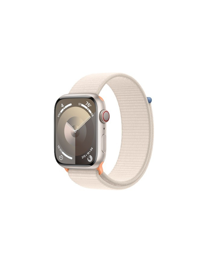apple Watch Series 9 GPS + Cellular, 45mm Koperta z aluminium w kolorze księżycowej poświaty z opaską sportową w kolorze księżycowej poświaty główny