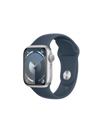 apple Watch Series 9 GPS, 41mm Koperta z aluminium w kolorze srebrnym z paskiem sportowy w kolorze sztormowego błękitu - S/M