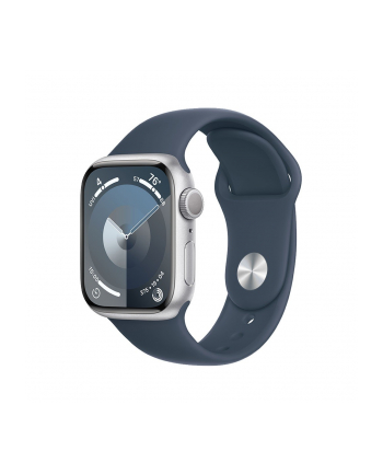 apple Watch Series 9 GPS, 45mm Koperta z aluminium w kolorze srebrnym z paskiem sportowy w kolorze sztormowego błękitu - S/M