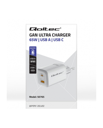 qoltec Ładowarka sieciowa 65W GaN ULTRA | 5-20V | 2.25-3.25A | 1 x USB  typ C PD | 1 x USB QC 3.0 | Biała