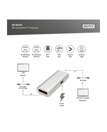 digitus Wzmacniacz sygnału/Repeater DisplayPort 8K, 1 x 2