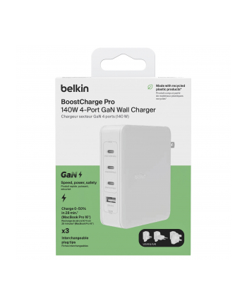 belkin Ładowarka ścienna 140W 4-ports (3xC 1xA) UK, (wersja europejska), US Plugs  biała