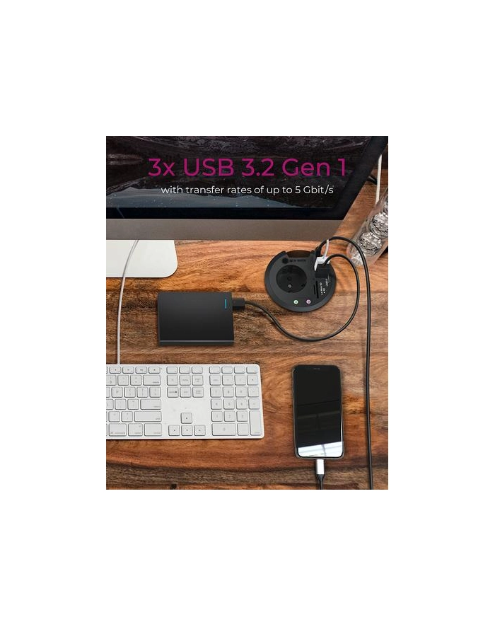 ICY BOX Table Hub 2x USB 3.0 Type-A with Audio in-/output Cardreader 1x Type-C and Schuko Socket CEE 7/3 diameter 80mm Black główny