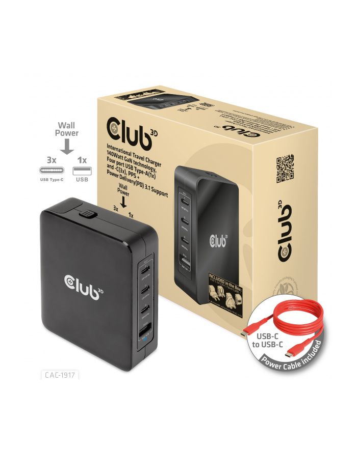 Club 3D Cac 1917 Power Adapter Gan Technology Usb 3 X C 140 Watt główny