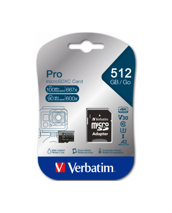 Karta pamięci Micro SDXC Verbatim Pro U3 512GB (100/90 MB/s) Class 10 U3 V30 + adapter