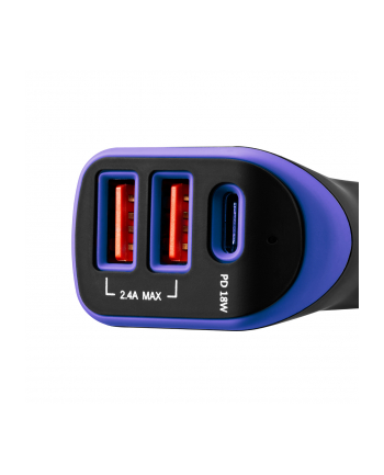 CANYON Ładowarka samochodowa C-08 SMART IC 1xUSB-C 2xUSBxA wskaźnik LED Czarno-Fioletowa