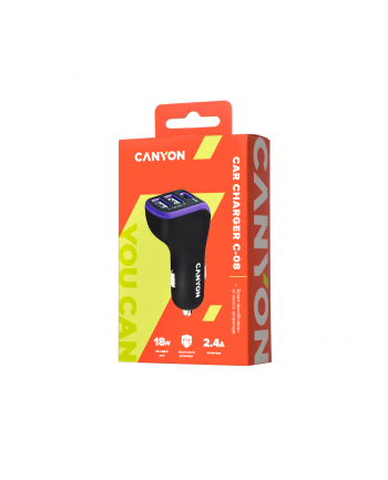 CANYON Ładowarka samochodowa C-08 SMART IC 1xUSB-C 2xUSBxA wskaźnik LED Czarno-Fioletowa