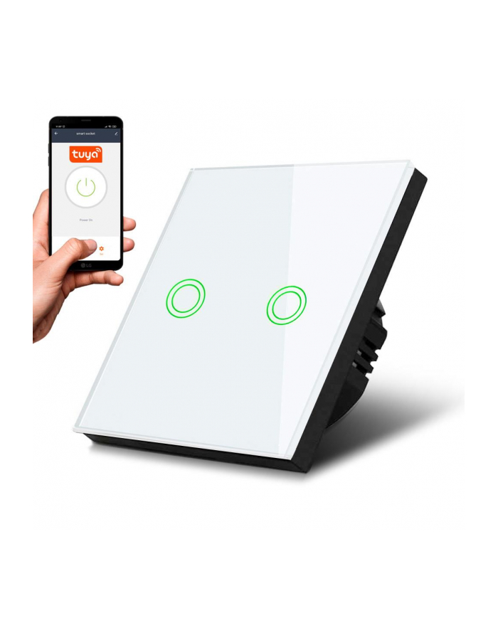 Włącznik dotykowy światła Maclean MCE714W podwójny, SMART, Tuya APP, szklany, biały z okrągłym podśw. przycisku, 86x86mm główny