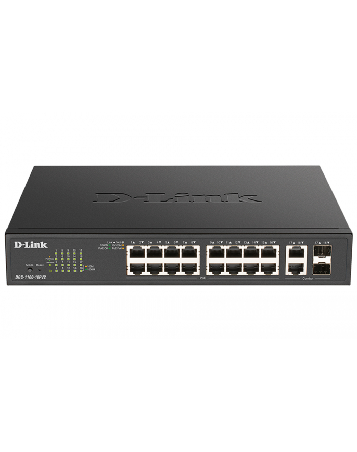 Switch zarządzalny D-Link DGS-1100-18PV2 16x1000PoE 2xCombo Mbps Gigabit główny