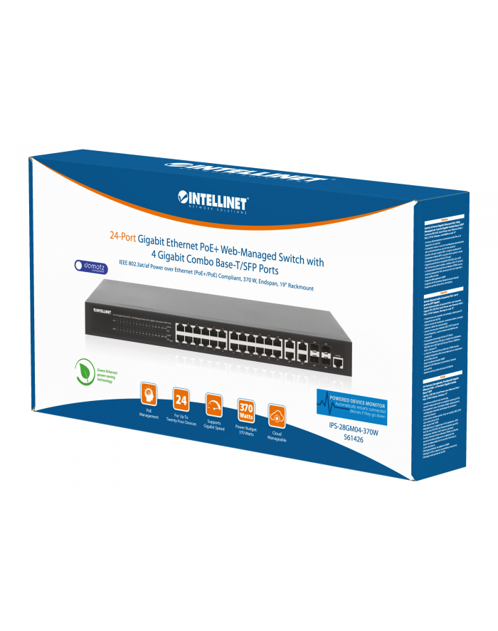 Switch zarządzalny Intellinet 24x 10/100/1000 Mbps PoE+ 370W+4x uplink Combo RJ45/SFP VLAN Rack 19'' główny