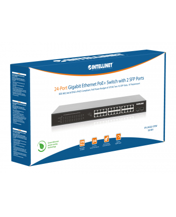 Switch niezarządzalny Intellinet 24x 10/100/1000 Mbps PoE+ 370W + 2x SFP Rack 19'', manual VLAN