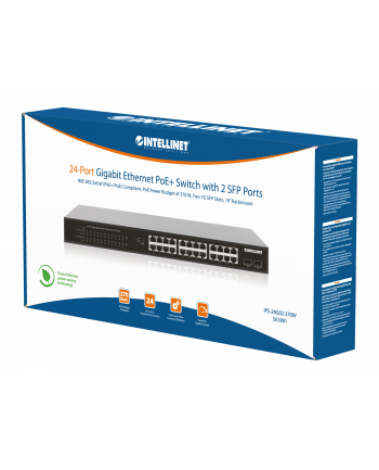 Switch niezarządzalny Intellinet 24x 10/100/1000 Mbps PoE+ 370W + 2x SFP Rack 19'', manual VLAN