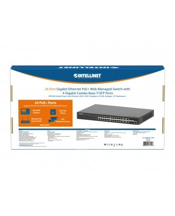 Switch zarządzalny Intellinet 24x 10/100/1000 Mbps PoE+ 370W+4x uplink Combo RJ45/SFP VLAN Rack 19''
