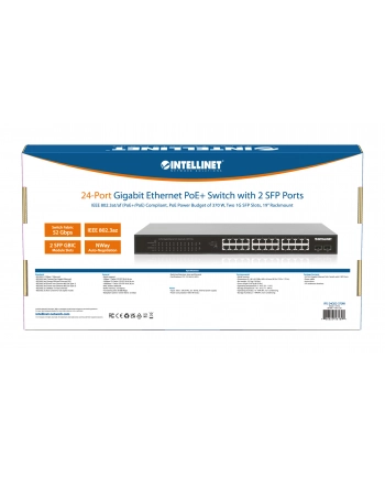 Switch niezarządzalny Intellinet 24x 10/100/1000 Mbps PoE+ 370W + 2x SFP Rack 19'', manual VLAN