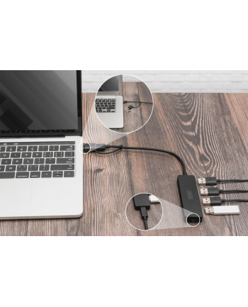 digitus Hub USB 3.0/Koncentrator 4-portowy SlimLine USB A + adapter USB-C 5Gbps, złącze zasilania USB-C