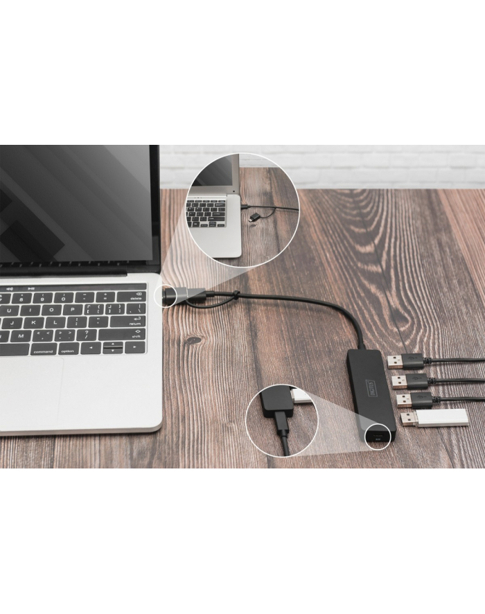 digitus Hub USB 3.0/Koncentrator 4-portowy SlimLine USB A + adapter USB-C 5Gbps, złącze zasilania USB-C główny