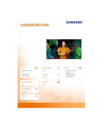 samsung Monitor profesjonalny QH65C 65 cali Matowy 24h/7 700(cd/m2) 3840 x 2160 (UHD) S10 Player (Tizen 7) WiFi/BT 3 lata d2d (LH65QHCEBGCXEN) nr 1