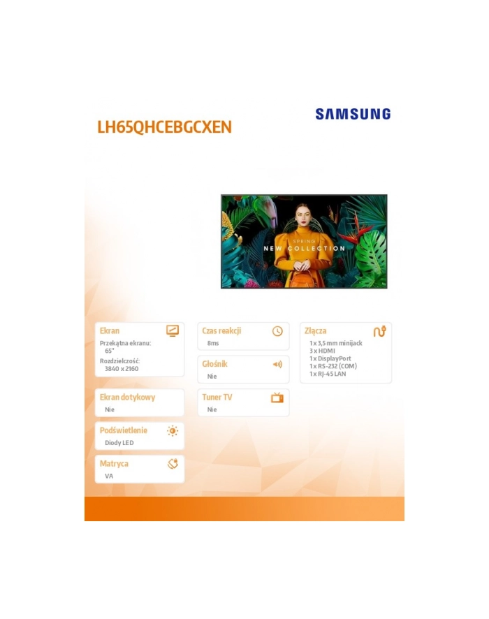 samsung Monitor profesjonalny QH65C 65 cali Matowy 24h/7 700(cd/m2) 3840 x 2160 (UHD) S10 Player (Tizen 7) WiFi/BT 3 lata d2d (LH65QHCEBGCXEN) główny