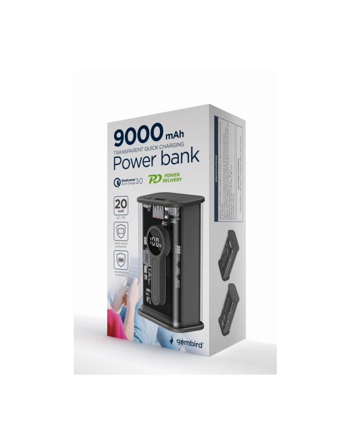 GEMBIRD Power Bank transparentny szybkie ładowanie QC3.0 9000 mAh czarny główny