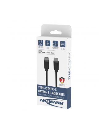 Ansmann USB 3.2 Gen 1 cable, USB-C connector > USB-C connector (Kolor: CZARNY, 1.2 meters, charging with up to 60 watts)