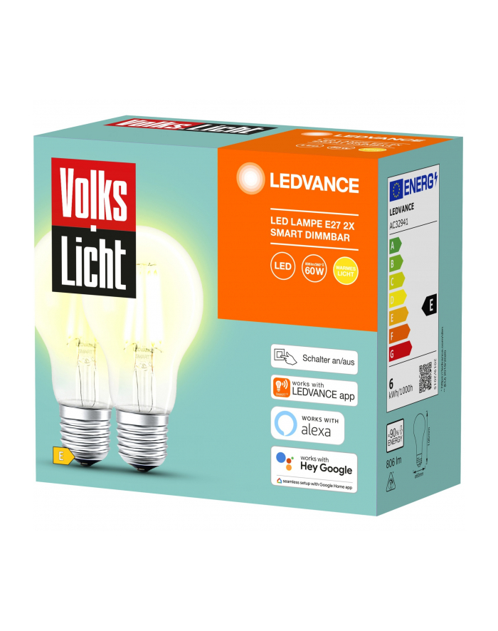 osram LEDVANCE SMART+ BT CLA60 60 6 W/2500K E27, LED lamp (pack of 2, filament, Bluetooth, replaces 60 watts) główny