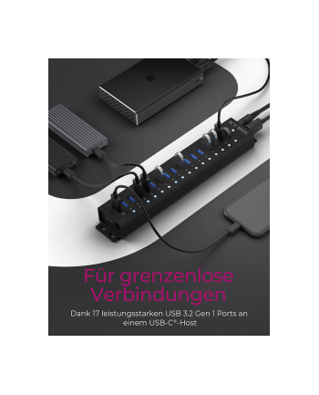 icybox Hub IB-HUB1717 16+1 port USB HUB, 16x USB + 1x USB do ładowania, USB 3.2 Gen 1, 96 Watt zasilacz