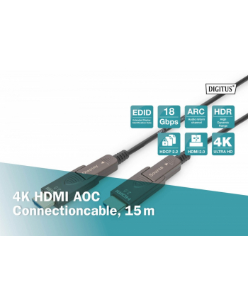 digitus Kabel hybrydowy AOC HDMI 2.0 Premium High Speed Ethernet 4K60Hz UHD HDMI D/A HDMI D/A M/M z odłączanym wtykiem, 15m, Czarny